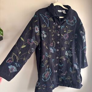 Floral Embroidered and Beaded Black Utility Jacket with pockets silver buttons